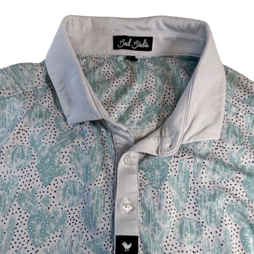 Bad Birdie Mens Golf Polo Shirt XL Mint Green Cactus Print Short Sleeve J8